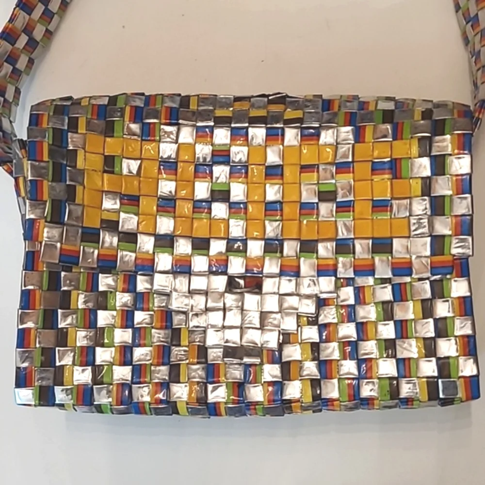 Colorful Woven Shoulder Bag Flap Closure Bright Shiny Handbag Artistic Patchwork